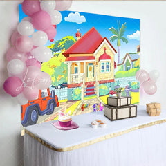 Lofaris Colorful Cartoon House Birthday Backdrop with Red Car and Balloon Bright Party Decor for Kids Photoshoot