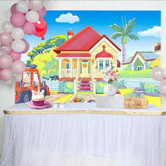 Lofaris Colorful Cartoon House Birthday Backdrop with Red Car and Balloon Bright Party Decor for Kids Photoshoot
