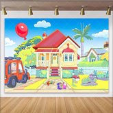 Lofaris Colorful Cartoon House Birthday Backdrop with Red Car and Balloon Bright Party Decor for Kids Photoshoot