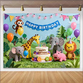 Lofaris Colorful Cartoon Jungle Safari Animals Happy Birthday Backdrop Cake and Balloons Kids Party Decor