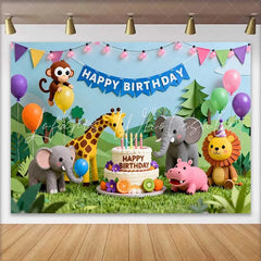 Lofaris Colorful Cartoon Jungle Safari Animals Happy Birthday Backdrop Cake and Balloons Kids Party Decor