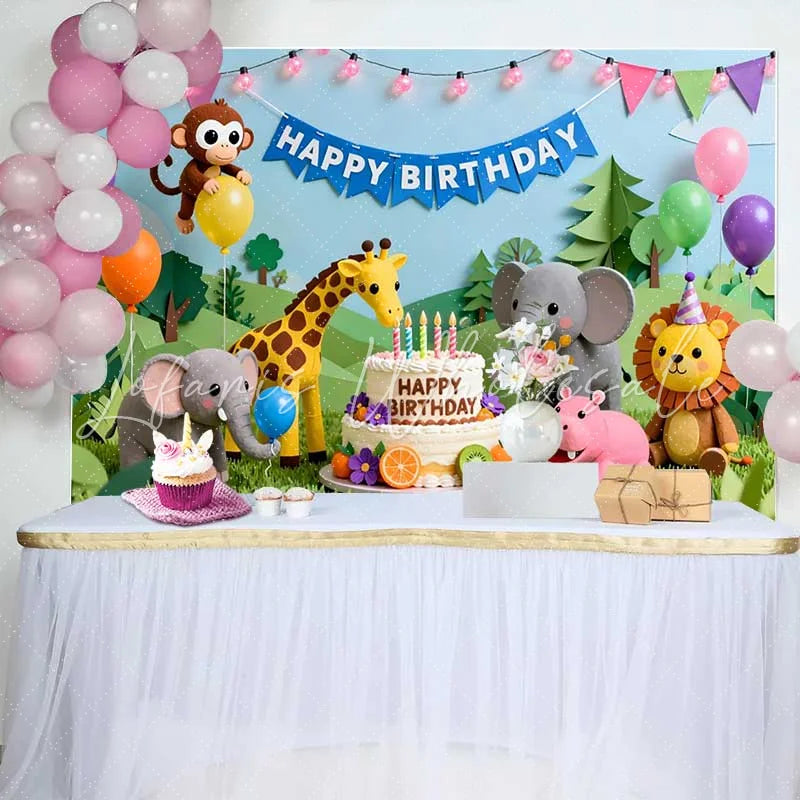 Lofaris Colorful Cartoon Jungle Safari Animals Happy Birthday Backdrop Cake and Balloons Kids Party Decor