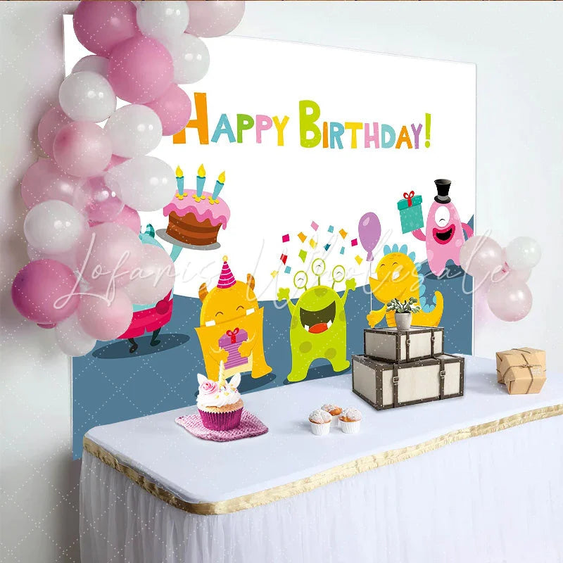 Lofaris Colorful Cartoon Monster Birthday Backdrop with Cake Balloons and Gifts Fun Party Background for Kids Photoshoot Decor