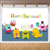 Lofaris Colorful Cartoon Monster Birthday Backdrop with Cake Balloons and Gifts Fun Party Background for Kids Photoshoot Decor