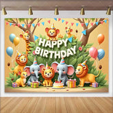 Lofaris Colorful Cartoon Safari Animals Happy Birthday Backdrop Jungle Theme Kids Party Celebration Decor