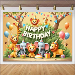 Lofaris Colorful Cartoon Safari Animals Happy Birthday Backdrop Jungle Theme Kids Party Celebration Decor