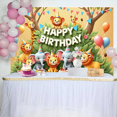 Lofaris Colorful Cartoon Safari Animals Happy Birthday Backdrop Jungle Theme Kids Party Celebration Decor