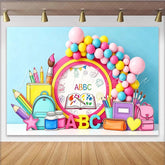 Lofaris Colorful Cartoon School Photography Backdrop with ABC Blocks and Balloons Vibrant Learning Theme Background for Kids Studio