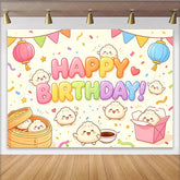 Lofaris Colorful Cartoon Steamed Bun Happy Birthday Backdrop with Lanterns and Confetti Cute Party Background for Kids Photoshoot Decor