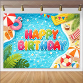 Lofaris Colorful Cartoon Summer Pool Birthday Backdrop with Flamingo Float and Beach Elements Fun Party Background for Kids Photoshoot