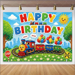 Lofaris Colorful Cartoon Train Birthday Backdrop with Balloons and Sunny Sky Vibrant Party Decor for Kids Photoshoot and Celebration