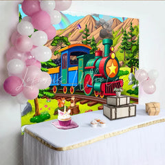 Lofaris Colorful Cartoon Train Birthday Backdrop with Mountains and Rainbow Cute Squirrels Photo Background for Kids Party Decoration