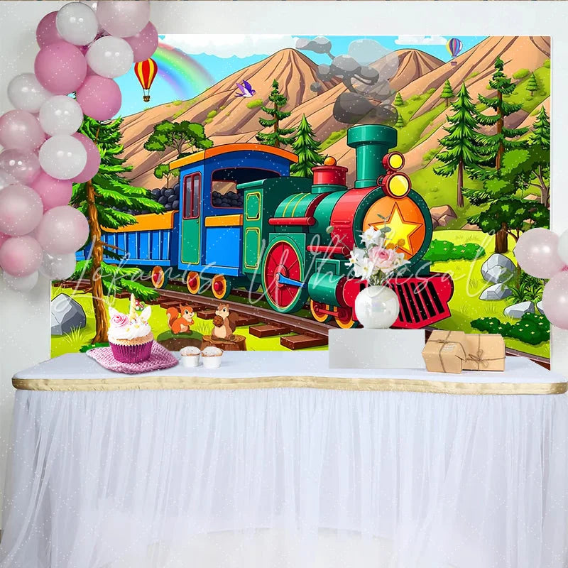 Lofaris Colorful Cartoon Train Birthday Backdrop with Mountains and Rainbow Cute Squirrels Photo Background for Kids Party Decoration