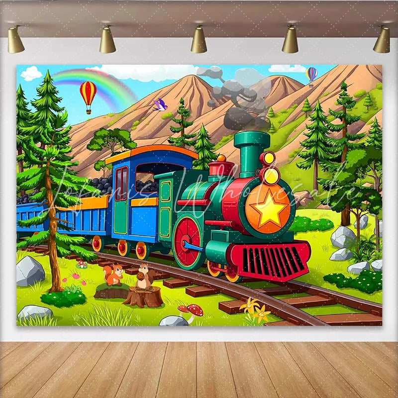 Lofaris Colorful Cartoon Train Birthday Backdrop with Mountains and Rainbow Cute Squirrels Photo Background for Kids Party Decoration