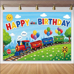 Lofaris Colorful Cartoon Train Happy Birthday Backdrop with Balloons and Green Hills Vibrant Party Photography Background for Kids