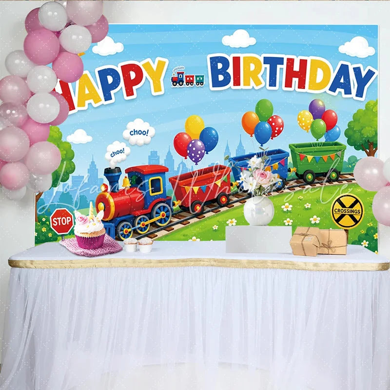 Lofaris Colorful Cartoon Train Happy Birthday Backdrop with Balloons and Green Hills Vibrant Party Photography Background for Kids