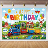 Lofaris Colorful Cartoon Train Happy Birthday Backdrop with Balloons Cheerful Landscape Photography Background for Kids Party Decor