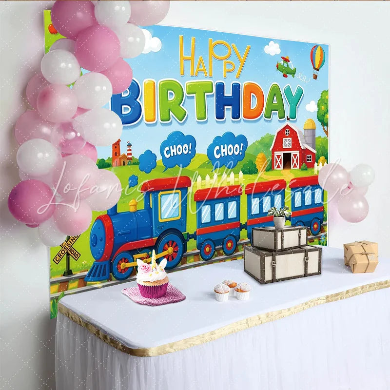 Lofaris Colorful Cartoon Train Happy Birthday Backdrop with Hot Air Balloons and Red Barn Fun Party Decor for Kids Photoshoot