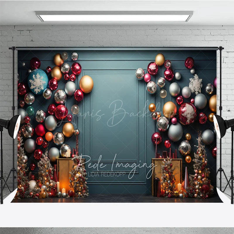 Lofaris Colorful Christmas Ornament Wall Photography Backdrop Elegant Teal Background Modern Holiday Party Photo Booth