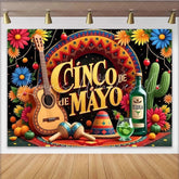 Lofaris Colorful Cinco de Mayo Backdrop with Guitar and Maracas Festive Mexican Party Decoration for Fiesta