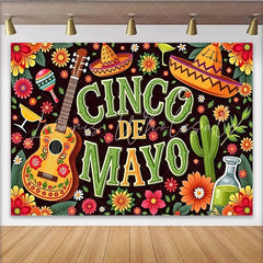 Lofaris Colorful Cinco de Mayo Photography Backdrop with Sombreros and Guitar Vibrant Mexican Fiesta Background for Party Decoration