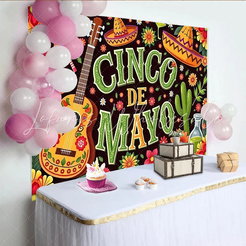 Lofaris Colorful Cinco de Mayo Photography Backdrop with Sombreros and Guitar Vibrant Mexican Fiesta Background for Party Decoration