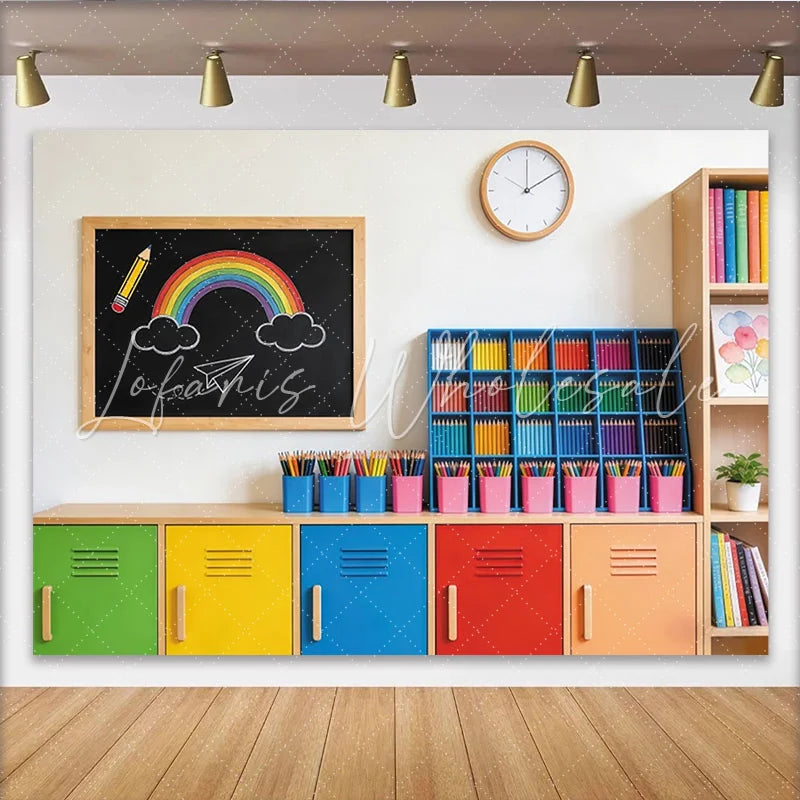 Lofaris Colorful Classroom Photography Backdrop with Rainbow and Lockers Educational School Decor for Student Photoshoot