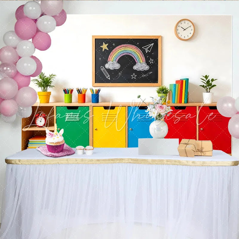 Lofaris Colorful Classroom Photography Backdrop with Rainbow Blackboard Vibrant School Studio Background for Kids Portraits