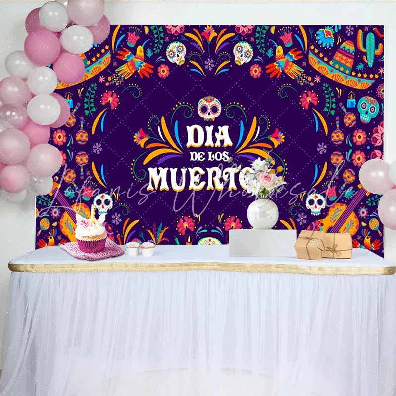 Lofaris Colorful Dia de los Muertos Backdrop with Sugar Skulls and Marigolds Mexican Fiesta Background for Holiday Party Decor