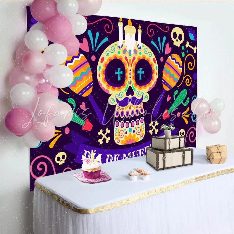 Lofaris Colorful Dia de Muertos Sugar Skull Backdrop with Maracas and Cacti Vibrant Mexican Holiday Decor for Festive Photoshoot