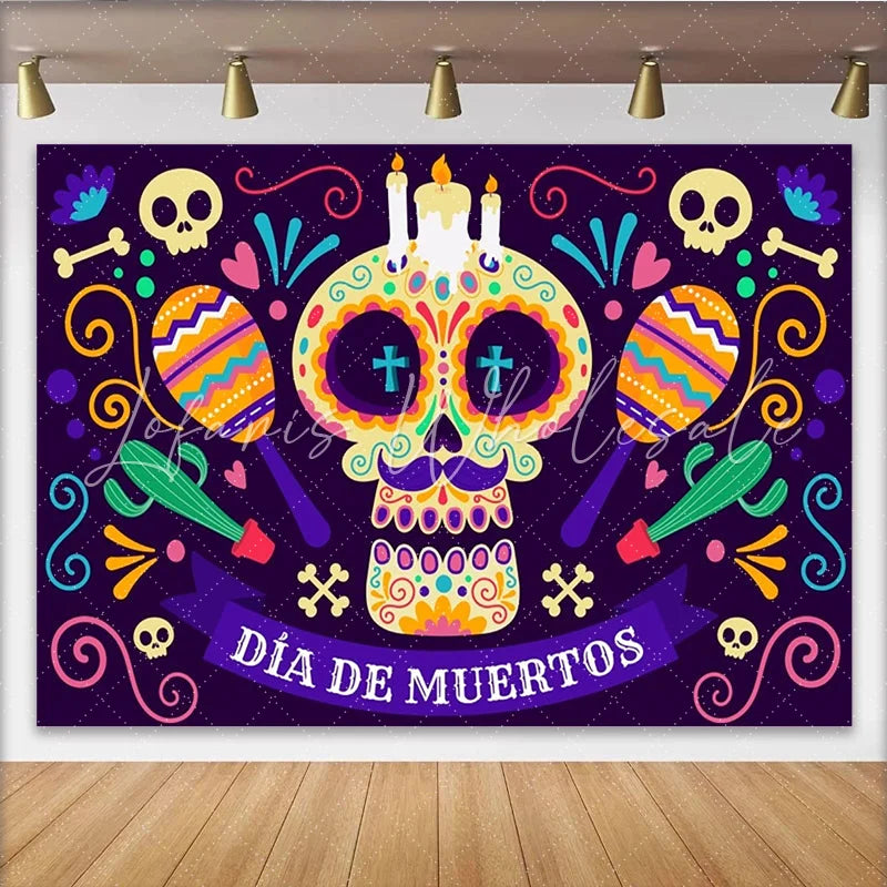 Lofaris Colorful Dia de Muertos Sugar Skull Backdrop with Maracas and Cacti Vibrant Mexican Holiday Decor for Festive Photoshoot