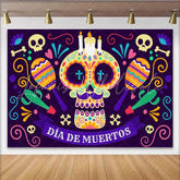 Lofaris Colorful Dia de Muertos Sugar Skull Backdrop with Maracas and Cacti Vibrant Mexican Holiday Decor for Festive Photoshoot