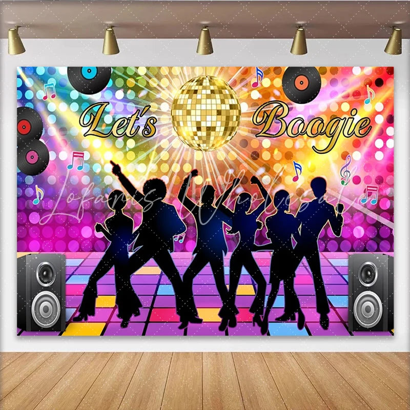 Lofaris Colorful Disco Dance Backdrop with Let’s Boogie and Dancing Silhouettes Vibrant 70s Party Background for Retro Event Photo Booth
