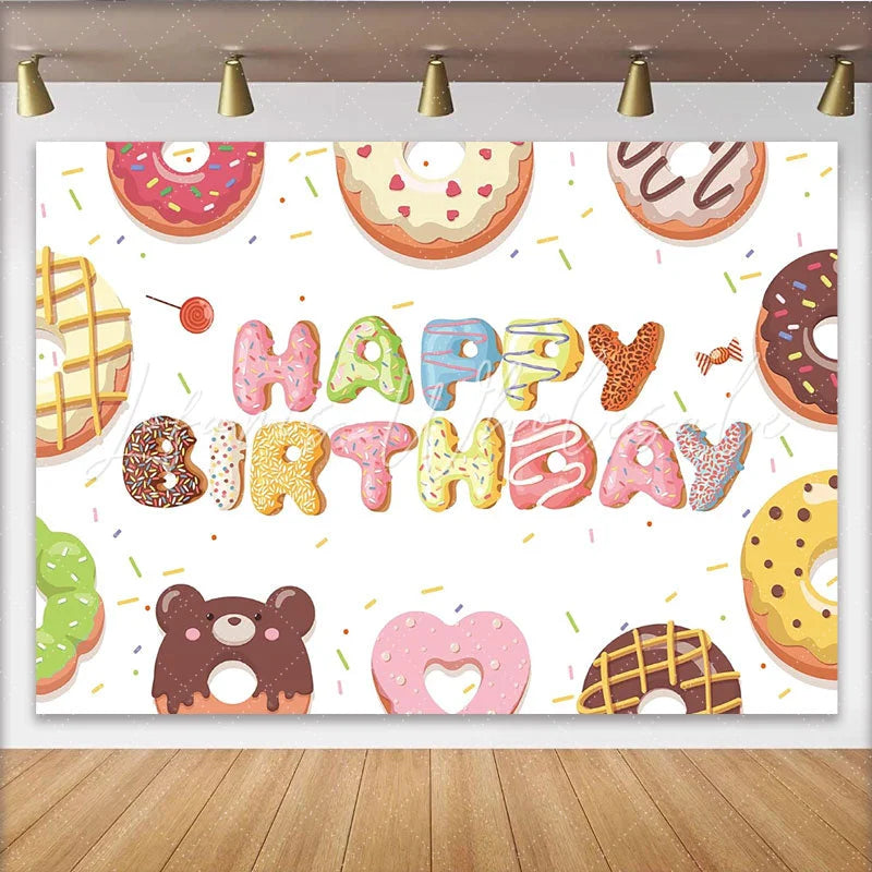 Lofaris Colorful Donut Happy Birthday Backdrop with Sweet Sprinkles Cute Dessert Table Background for Kids Party Photoshoot