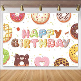 Lofaris Colorful Donut Happy Birthday Backdrop with Sweet Sprinkles Cute Dessert Table Background for Kids Party Photoshoot