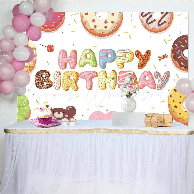 Lofaris Colorful Donut Happy Birthday Backdrop with Sweet Sprinkles Cute Dessert Table Background for Kids Party Photoshoot