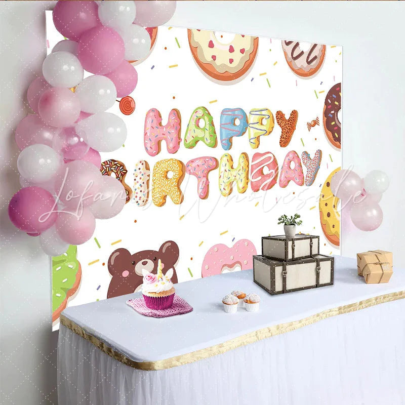 Lofaris Colorful Donut Happy Birthday Backdrop with Sweet Sprinkles Cute Dessert Table Background for Kids Party Photoshoot