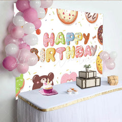 Lofaris Colorful Donut Happy Birthday Backdrop with Sweet Sprinkles Cute Dessert Table Background for Kids Party Photoshoot