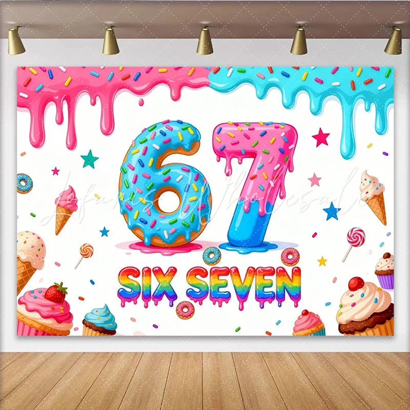 Lofaris Colorful Donut Six Seven Birthday Backdrop with Sprinkles and Dripping Icing Sweet Dessert Party Decor for Photoshoot