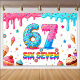 Lofaris Colorful Donut Six Seven Birthday Backdrop with Sprinkles and Dripping Icing Sweet Dessert Party Decor for Photoshoot