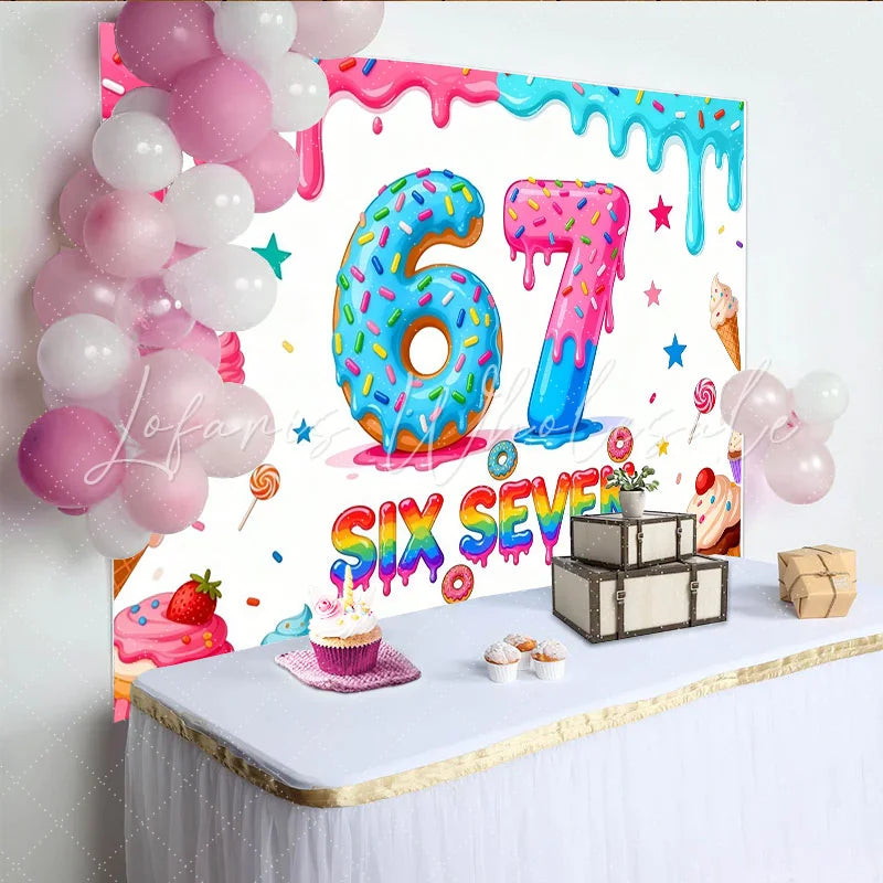 Lofaris Colorful Donut Six Seven Birthday Backdrop with Sprinkles and Dripping Icing Sweet Dessert Party Decor for Photoshoot