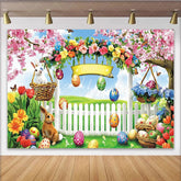 Lofaris Colorful Easter Backdrop with Cute Bunnies and Spring Flowers Vibrant Garden Background for Holiday Party Decoration