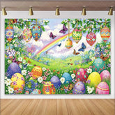 Lofaris Colorful Easter Backdrop with Decorated Eggs and Spring Flowers Rainbow Sky Photography Background for Holiday Party