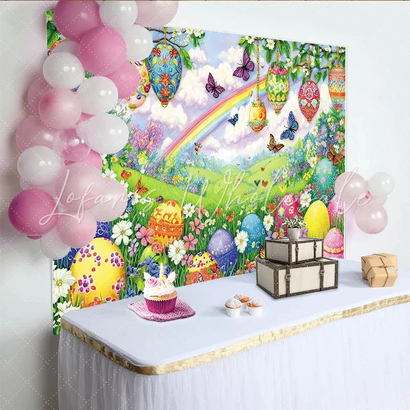 Lofaris Colorful Easter Backdrop with Decorated Eggs and Spring Flowers Rainbow Sky Photography Background for Holiday Party