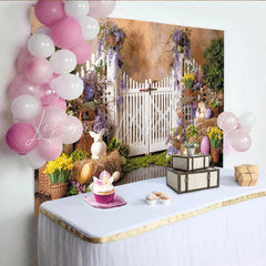 Lofaris Colorful Easter Backdrop with White Picket Fence and Spring Flowers Vibrant Garden Scene for Party Decor