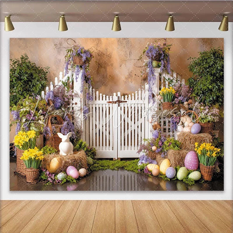 Lofaris Colorful Easter Backdrop with White Picket Fence and Spring Flowers Vibrant Garden Scene for Party Decor