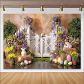 Lofaris Colorful Easter Backdrop with White Picket Fence and Spring Flowers Vibrant Garden Scene for Party Decor