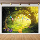 Lofaris Colorful Easter Egg Forest Photography Backdrop with Winding Path Spring Holiday Decor for Party Photoshoot