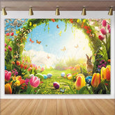 Lofaris Colorful Easter Spring Floral Backdrop with Cute Rabbit Painted Eggs and Butterflies Sunny Garden Party Decor