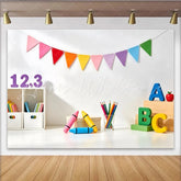 Lofaris Colorful Educational Photography Backdrop with ABC Blocks and Crayons Vibrant Classroom Background for Kids’ Photoshoots